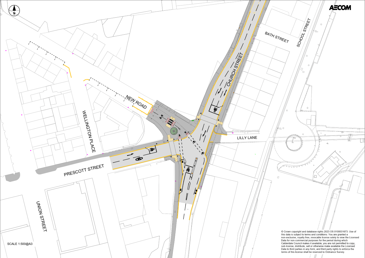 The proposed layout at New Road and South Parade with cycle links to New Road, continuous footpath at the end of Lilly Lane and other changes.