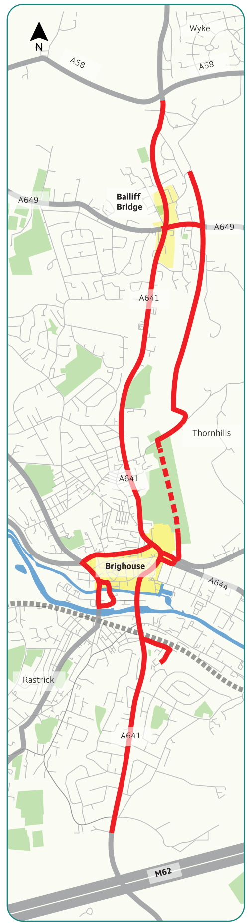Location of A641 Improvement Scheme proposals starting with Bailiff Bridge in the north and the Pickle Bridge Greenway running parallel to the A641 and through Wellholme Park, through  Brighouse town centre and south along the A641.