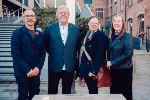 The new installation outside the Halifax Central Library with (left to right): Ian Humphreys, David Moffatt (nephew), Councillor Sarah Courtney and Helen Grady (niece).