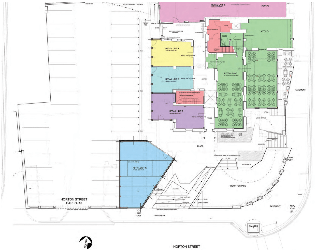 Plan showing proposals for Westgate, to include refurbishment of Horton House, new units and a public plaza