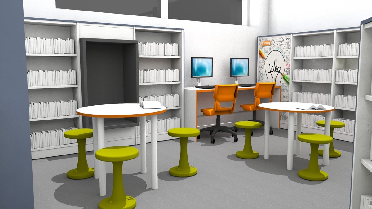 Artist impression: layout of library seating and shelves