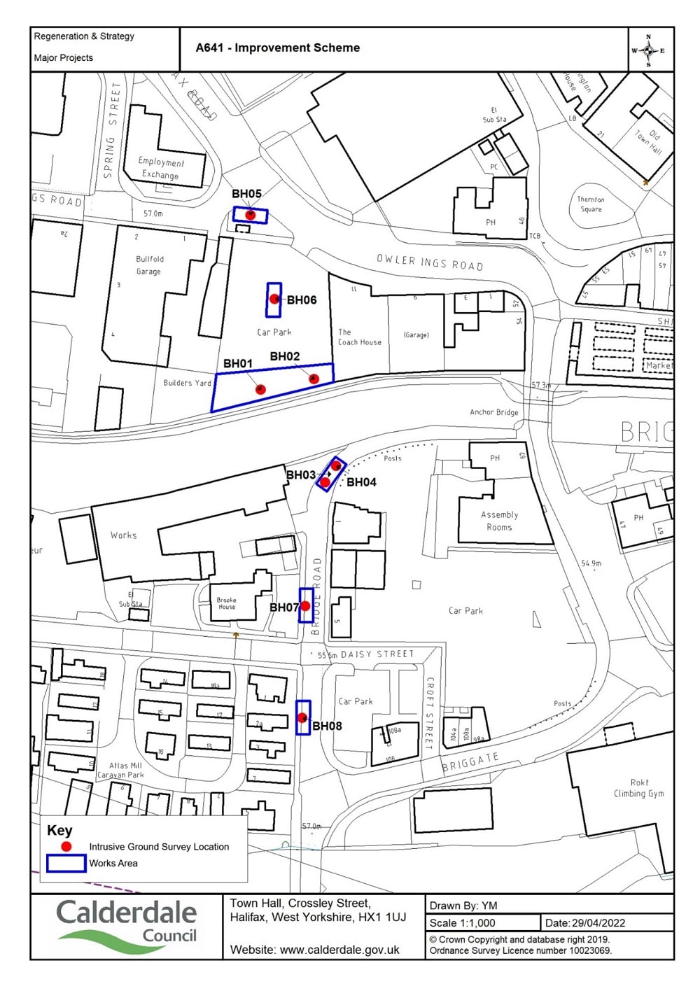 Plan of Brighouse with 8 locations for ground investigation marked.