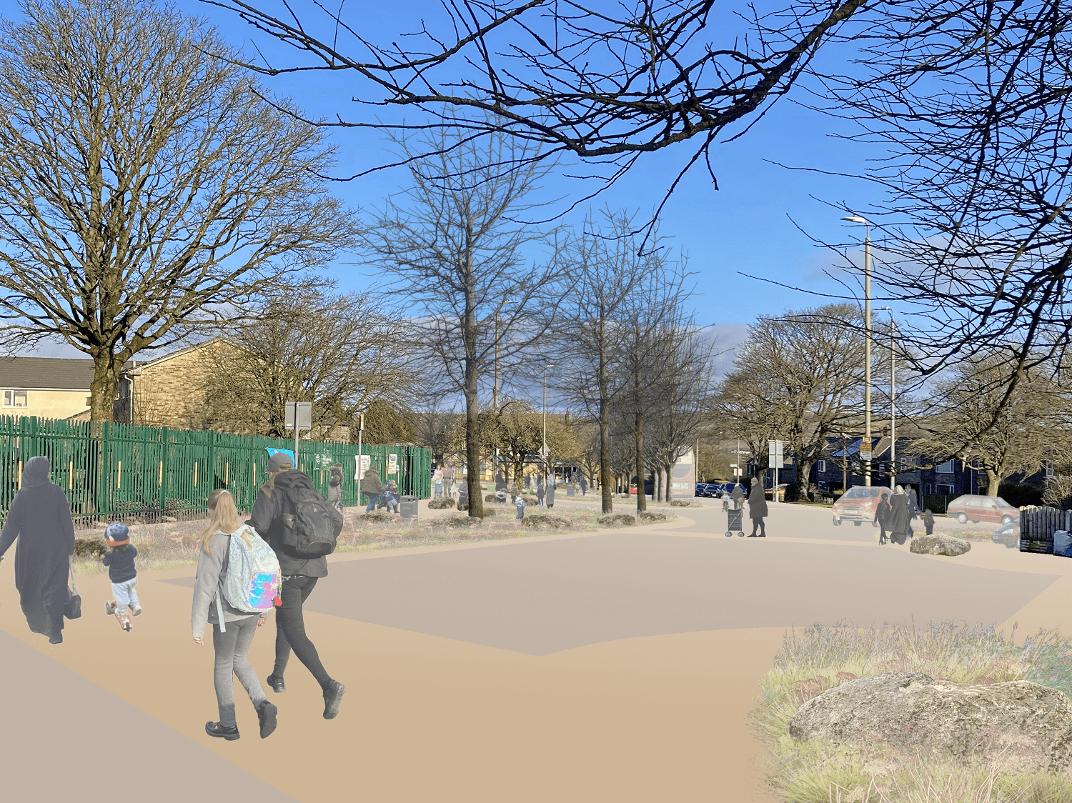 Visualisation of proposals showing changes prioritising pedestrians. View along Highroad Well Lane.