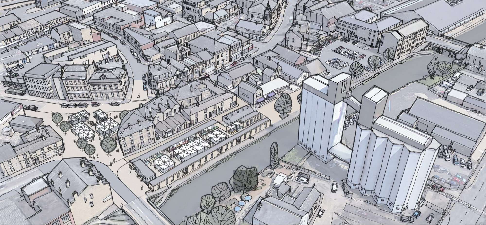 Aerial artist impression of Thornton Square and Canalside in Brighouse