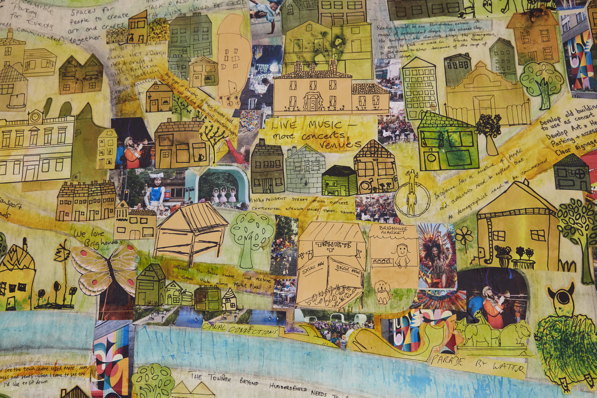 Image of "Creative Brighouse", a collage based map of Brighouse town centre created by Calderdale artist Sandra McCracken.