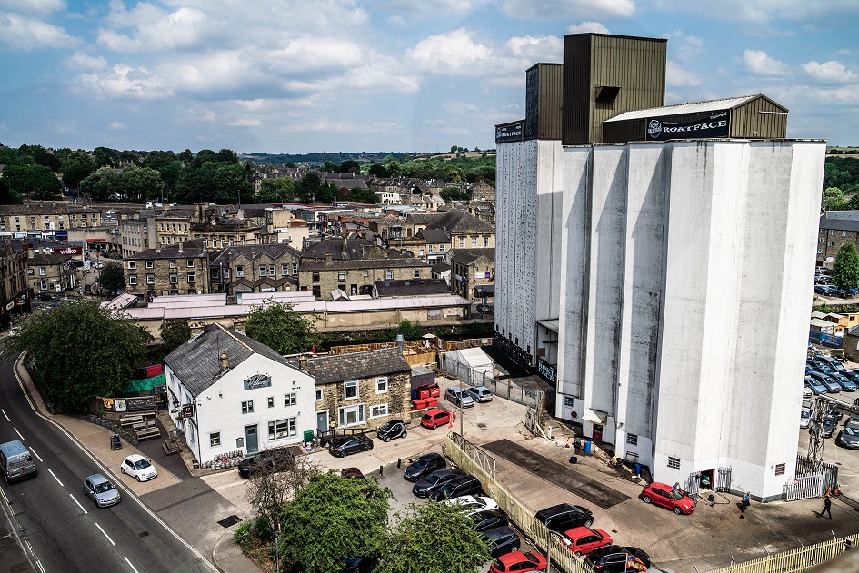 Aerial image of the old flour mill landmark in Brighouse.
