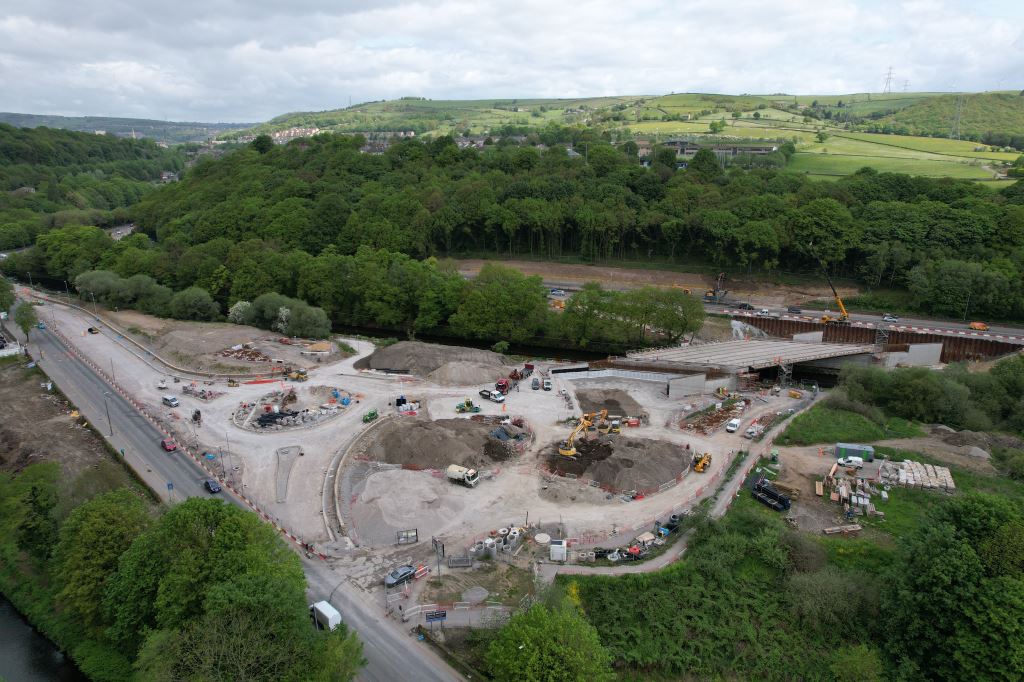 Image shows construction work and emerging outline of key features like the new roundabout and balancing pond.