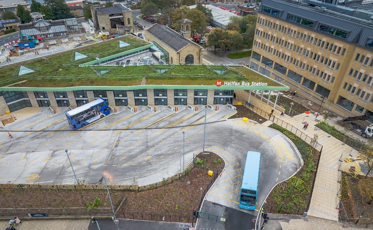 Drone shot of the new Halifax Bus Station showing the green roof.