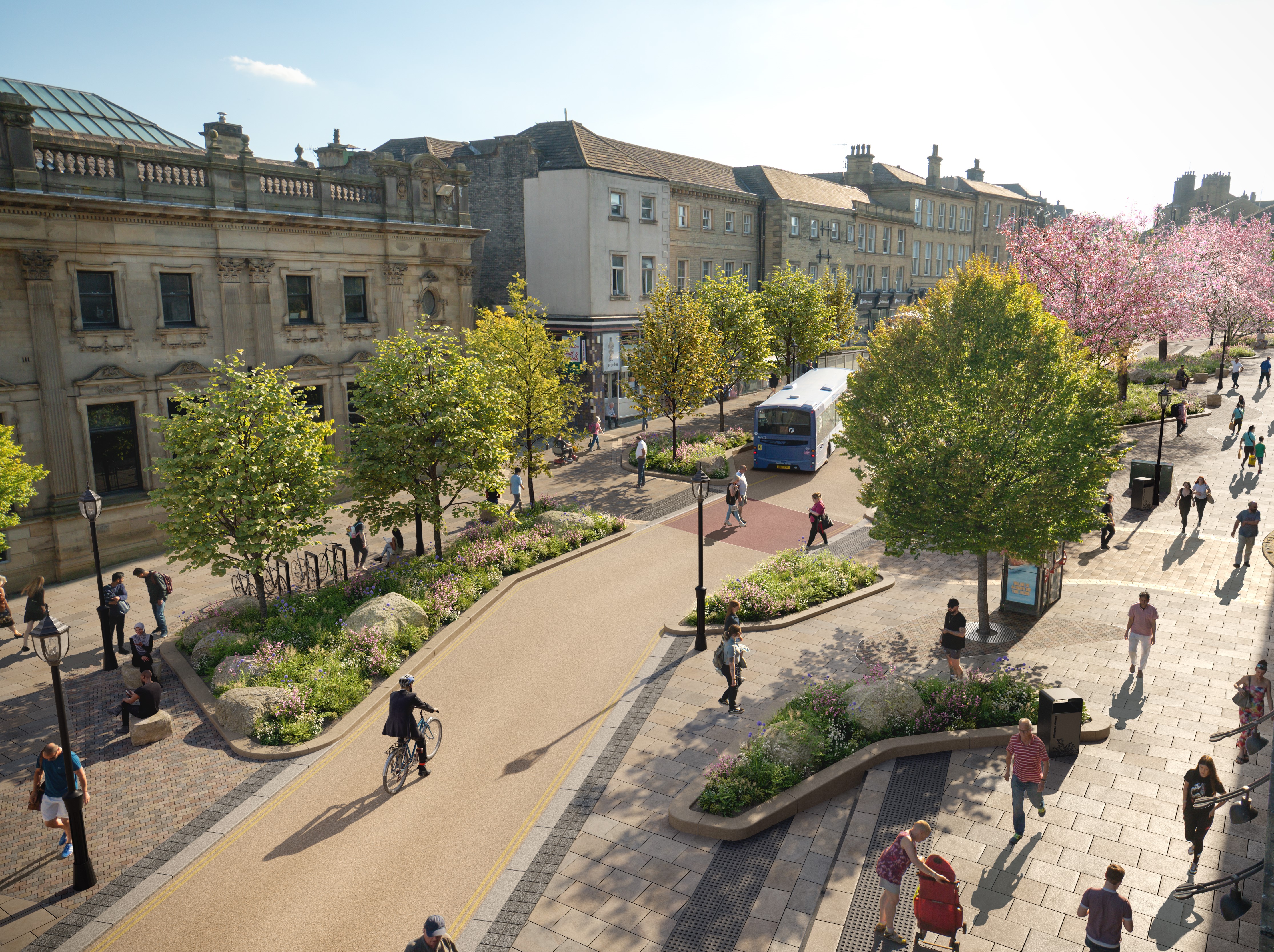 Artist impression of George Square and George Street with wider footpaths, trees and plants.