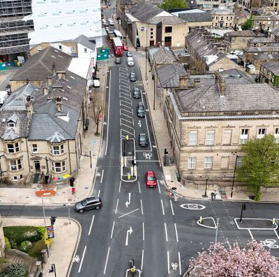 Aerial image at the junction of Skircoat Road and Prescott Street. 