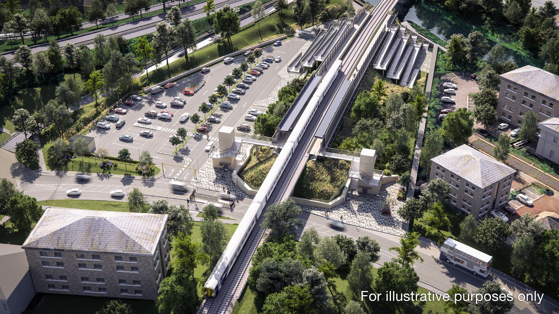 Visualisation of Elland Rail Station from above with the car park clearly in view. A train pulls in to one of the two platforms. 