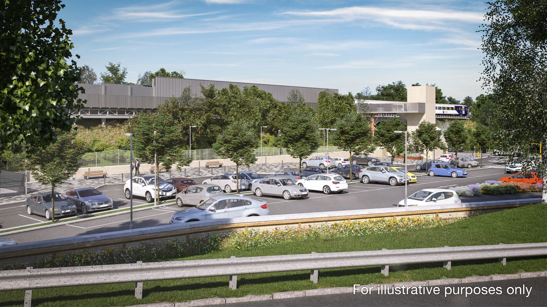 Visualisation of the new car park at Elland Rail Station with landscaping. There will be lift, ramped and step access from the car park level.