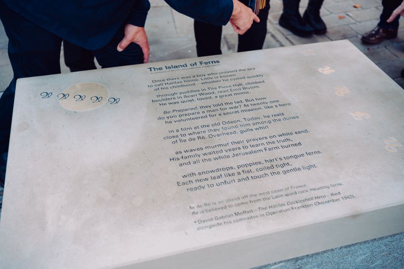 Yorkshire stone with the "Island of Ferns" poem engraved onto it. 