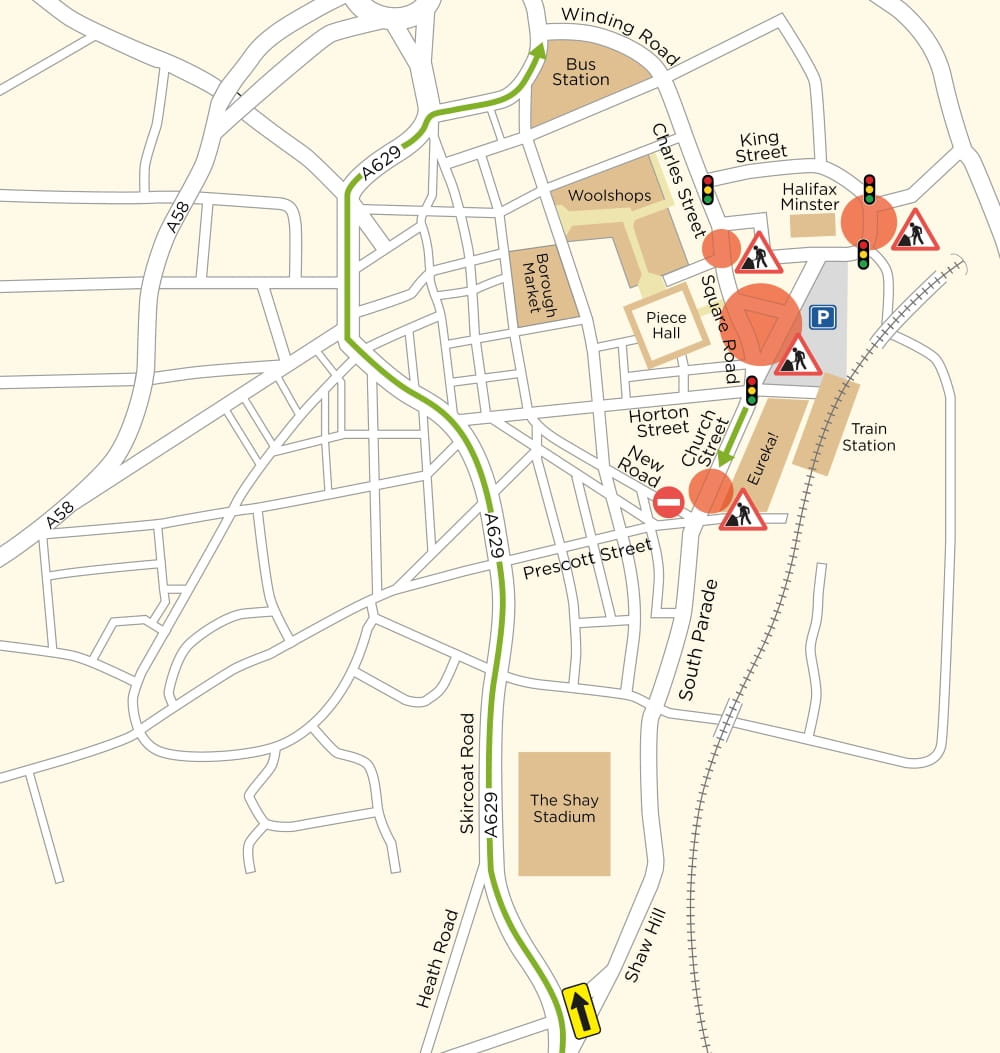 A diversion around the A629 will allow access to the town centre for those driving from south of Halifax.