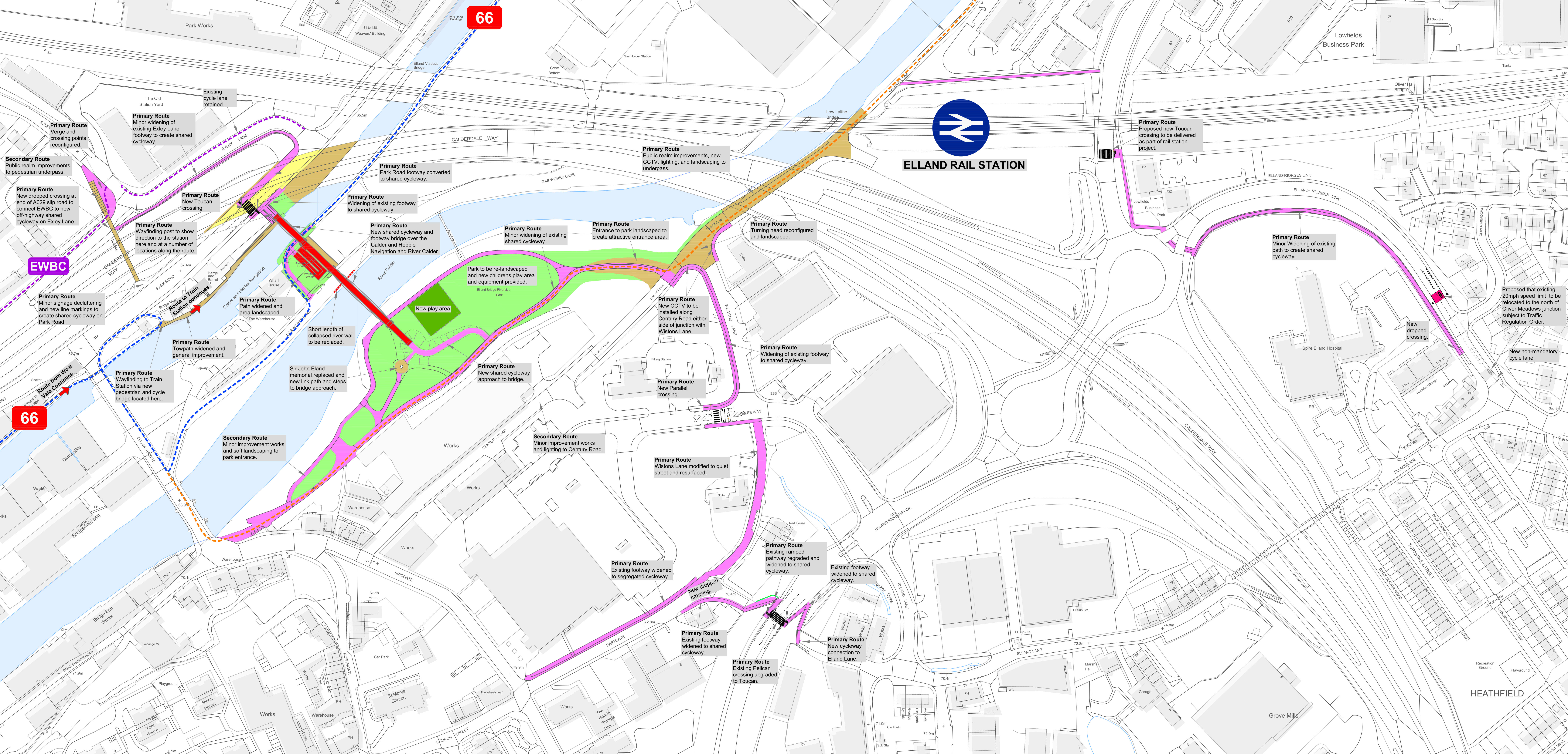 A new bridge will span the River Calder and the Calder and Hebble Navigation, and connect to routes around Elland and West Vale. New crossings and route upgrades will be complemented by a upgrades for Riverside Park.