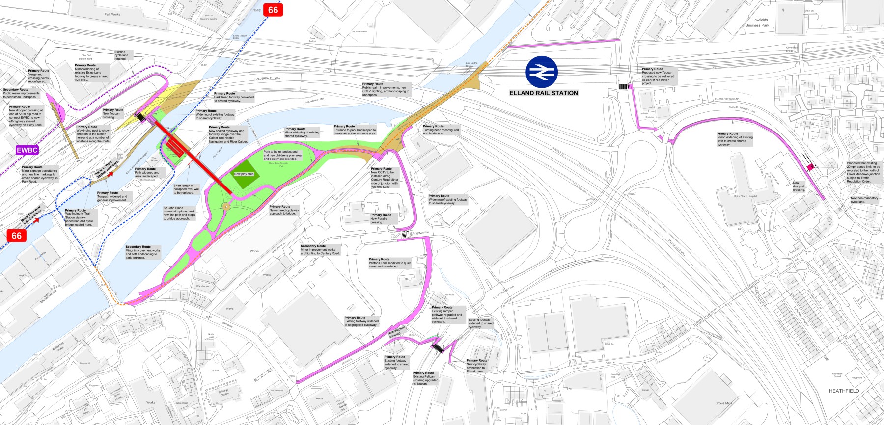 A new bridge will span the River Calder and the Calder and Hebble Navigation, and connect to routes around Elland and West Vale. New crossings and route upgrades will be complemented by a upgrades for Riverside Park.