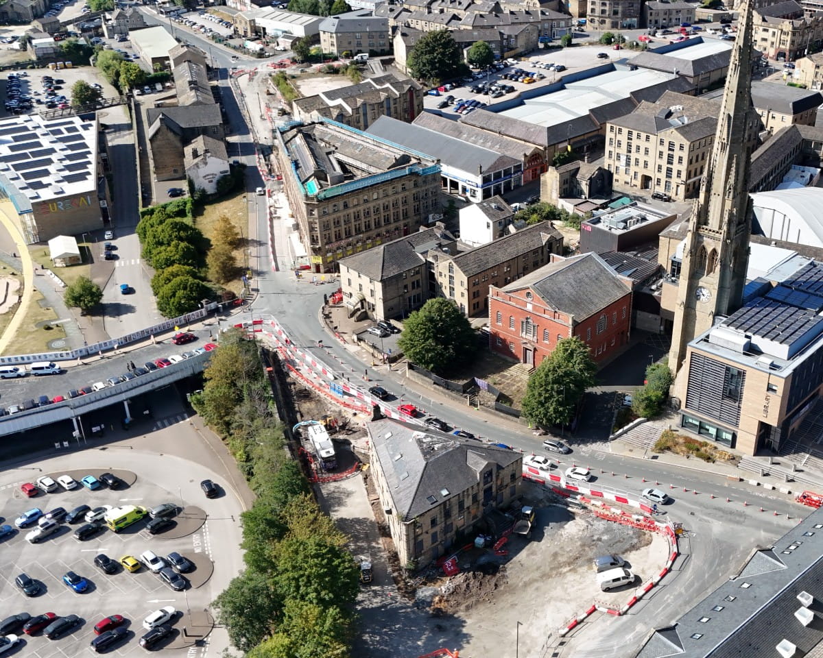 Halifax Central Library, The Square Chapel and roadworks from above.