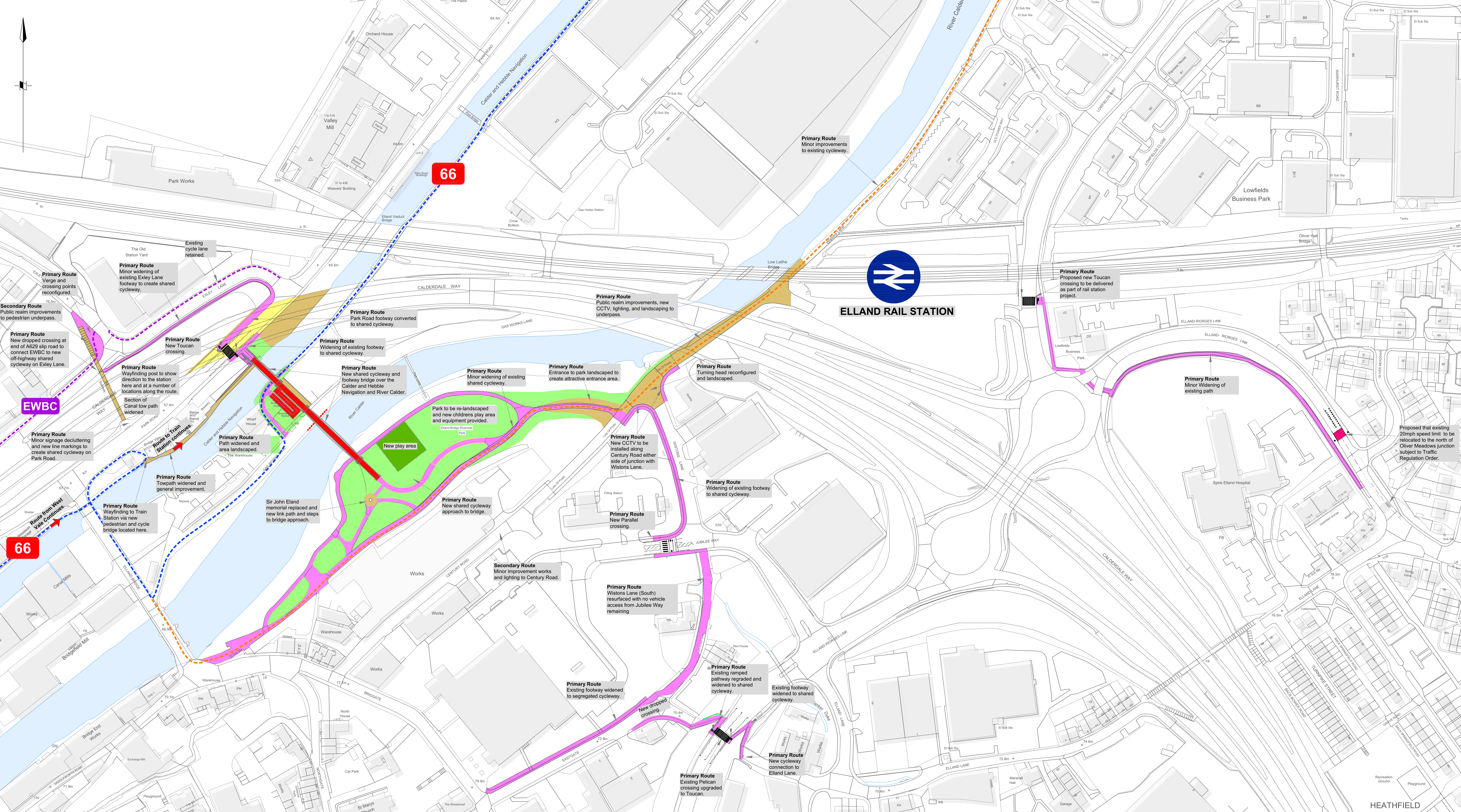 A new bridge will span the River Calder and the Calder and Hebble Navigation, and connect to routes around Elland and West Vale. New crossings and route upgrades will be complemented by a upgrades fo