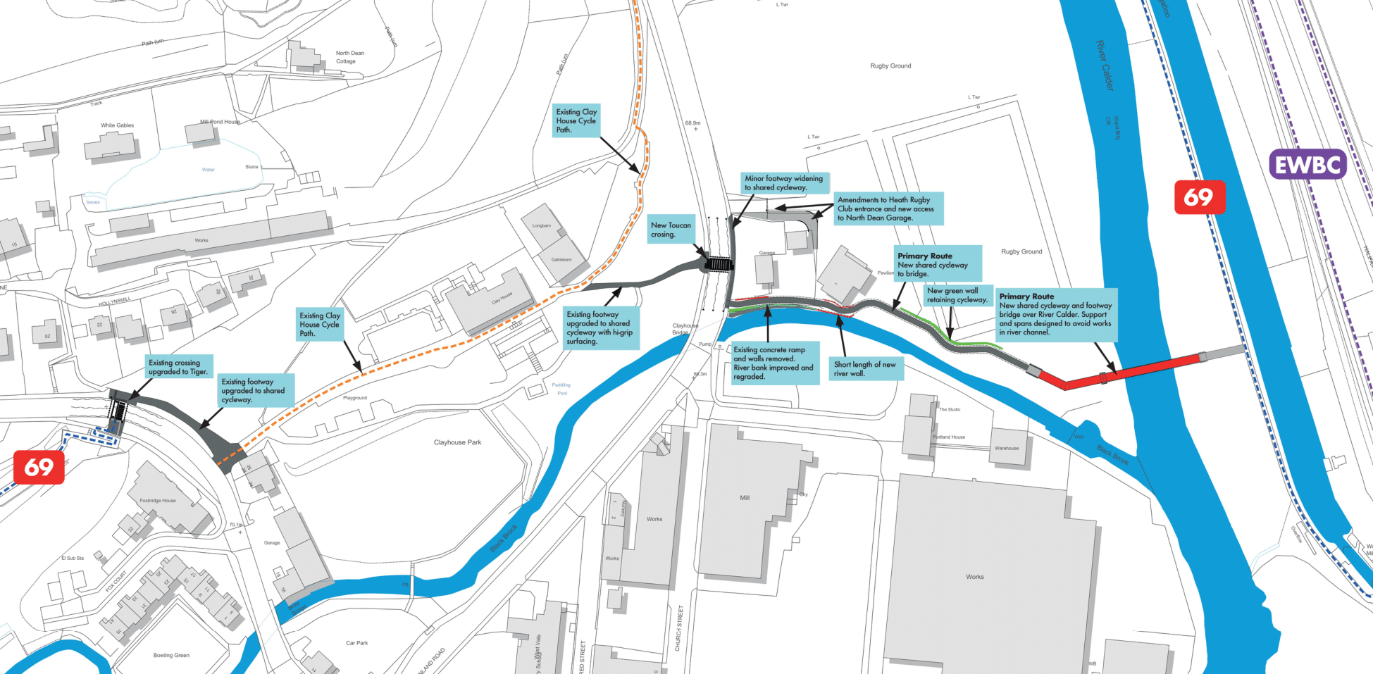 Map shows new route across the River Calder and linking to Stainland Road.