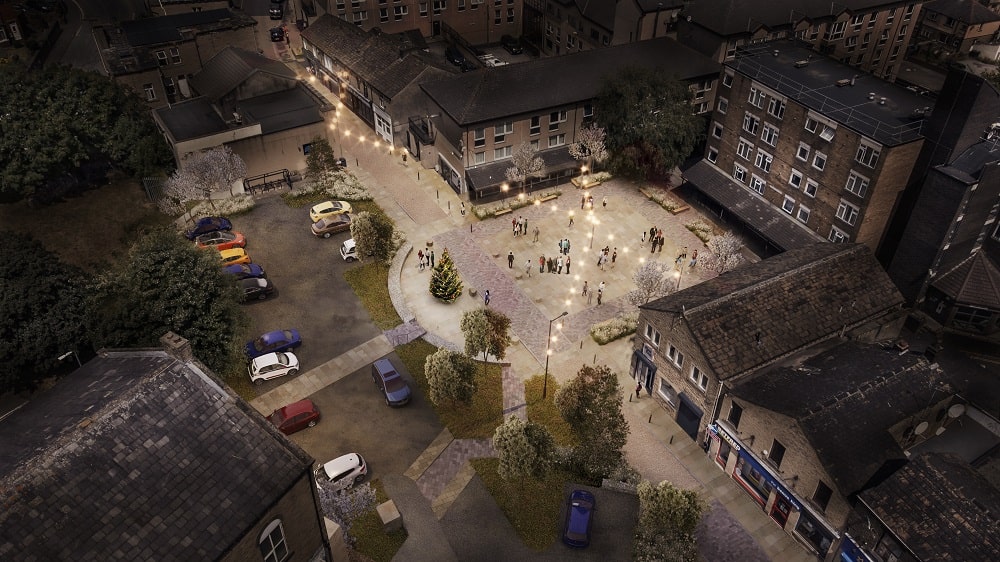 A bird's eye view of the car park, the street and the square. The car park has 17 bays and small landscaped section. Visualisation of proposed layout. 