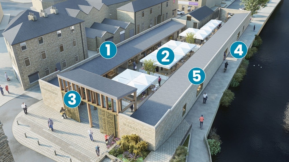 Aerial view of Brighouse Open market showing covered stalls, new timber framed feature entrance and space for events and seating.