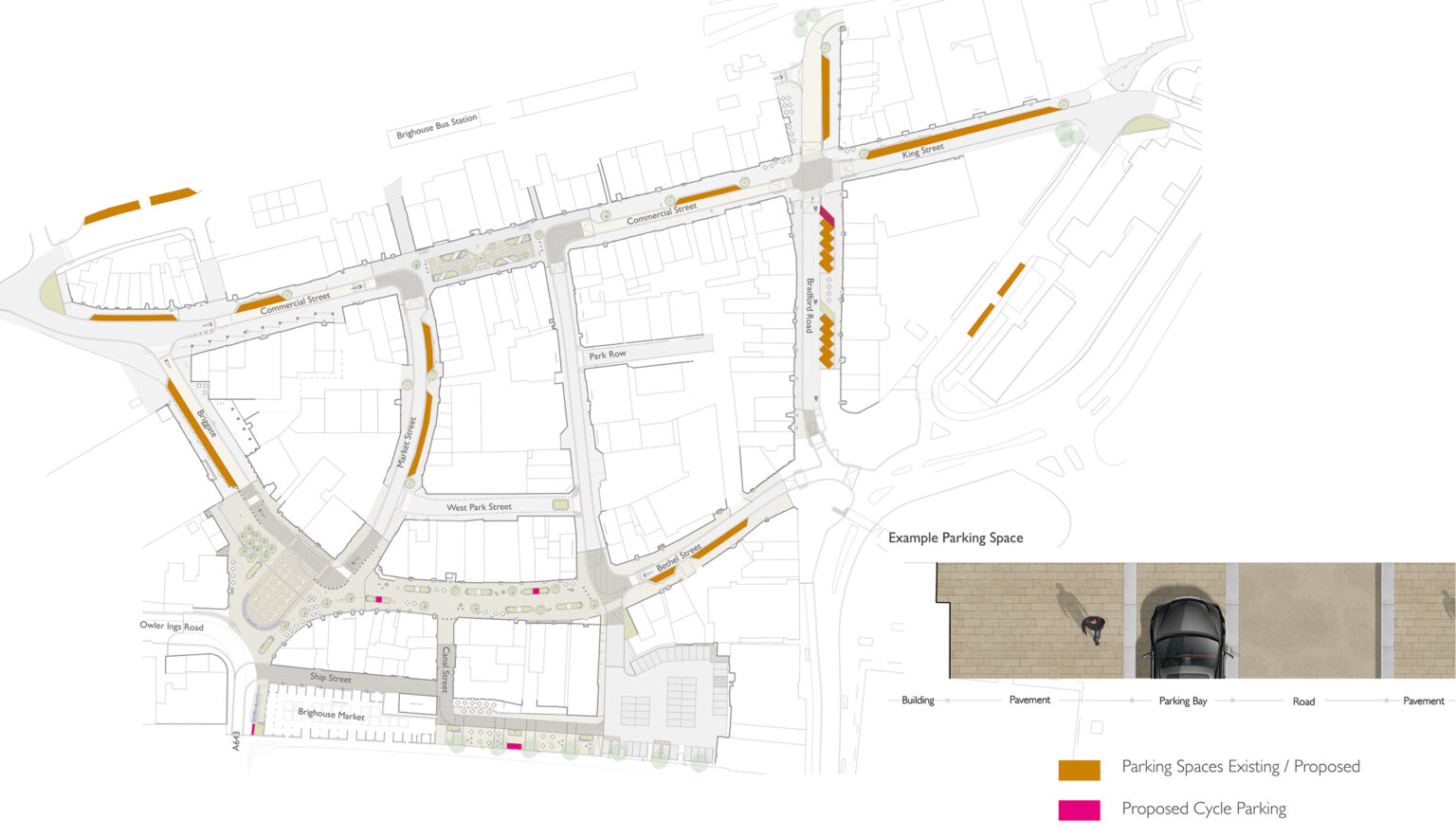 Map view of Brighouse shows parking locations on Commercial Street, King Street, Briggate, Market Street, Bethel Street and Bradford Road. Cycle parking will be available on Bradford Road, Canal Street, Bethel Street and next to the Brighouse Open Market.
