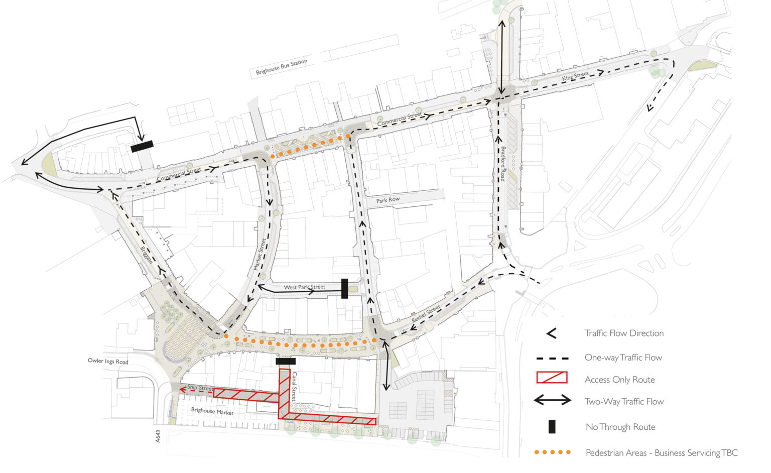 Map view of Brighouse shows access only routes on Ship Street and Canal Street, a no through route on West Park Street, and areas prioritising pedestrians on Bethel Street and Commercial Street. 